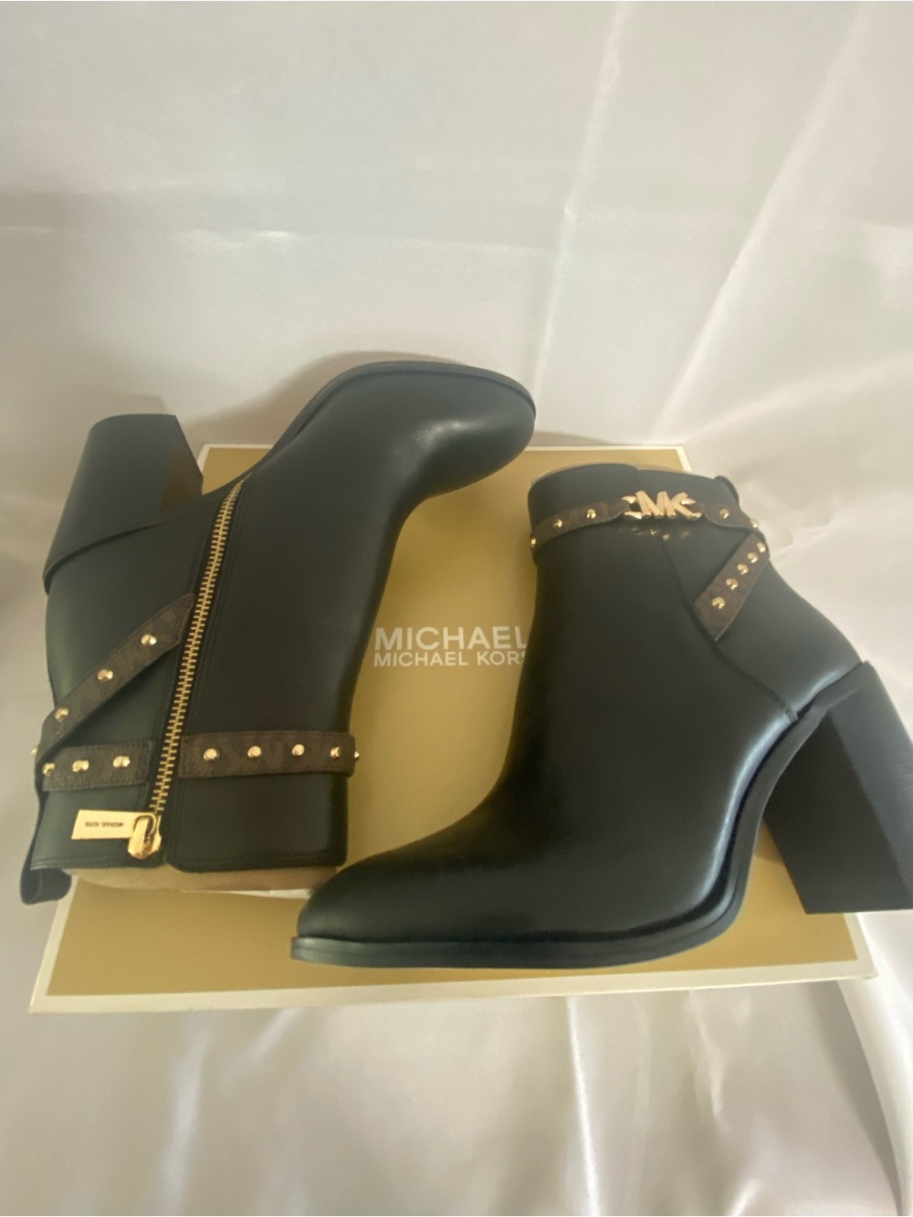 MICHAEL Michael Kors Black Leather Studded Ankle Booties with Gold Hardware - Picture 2 of 13